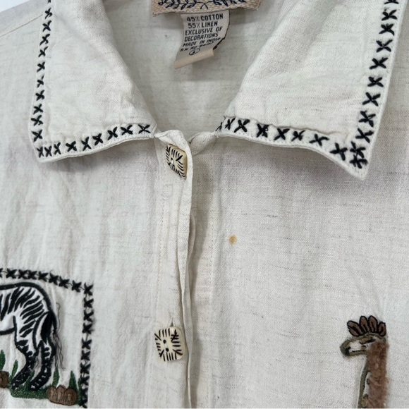 VTG New Directions Safari Print Embroidered Button Shirt Large Linen Cotton - Picture 6 of 16